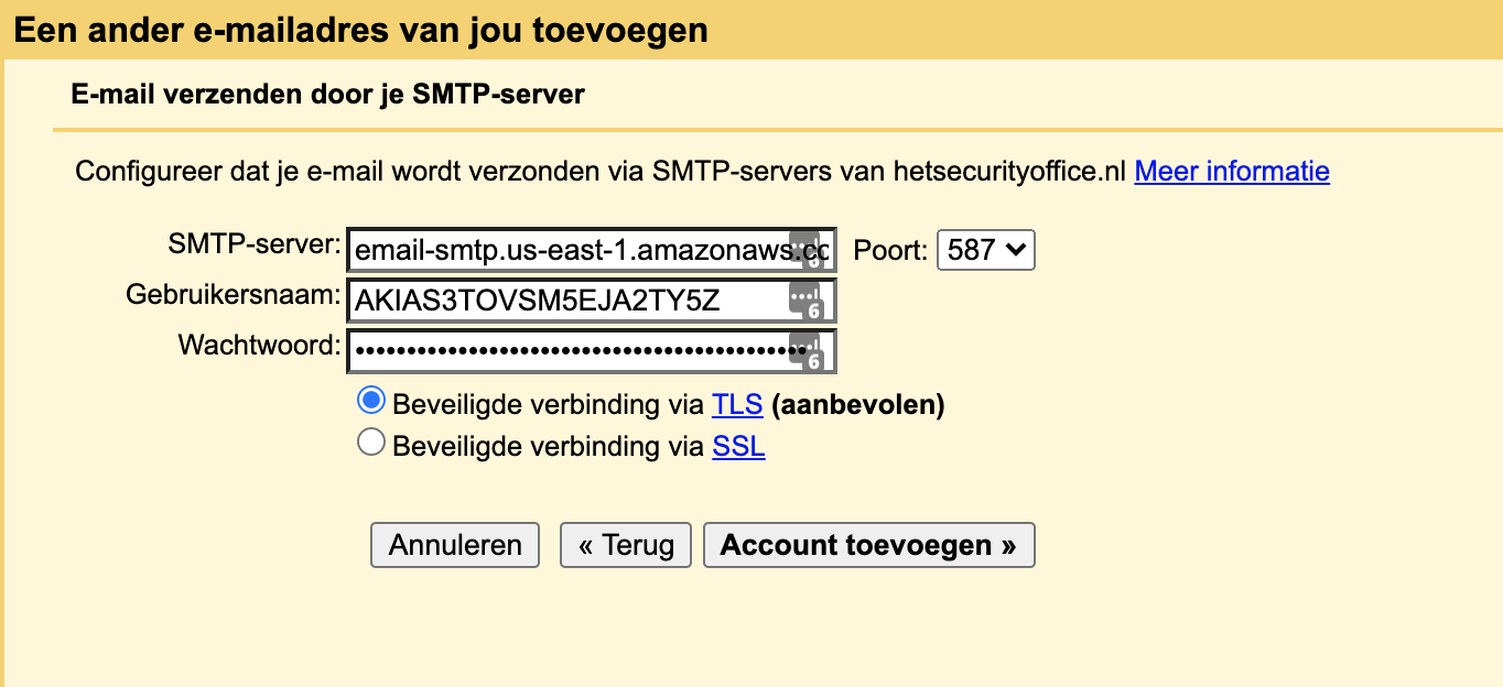 Specify SMTP host, port, username and password